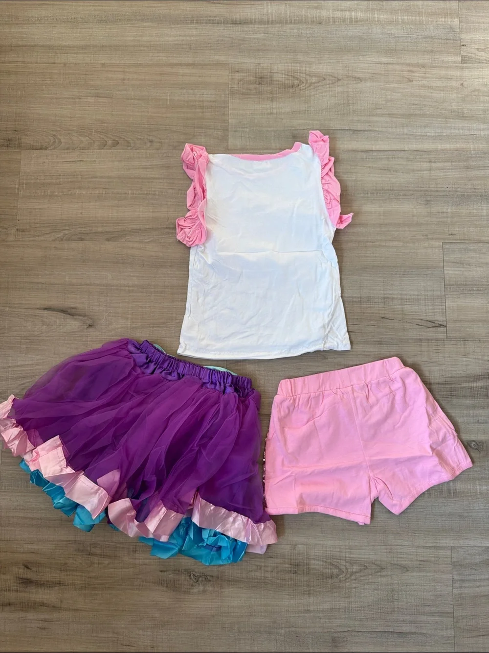 3 Pc Set Birthday Girl Unicorn Top with Purple Tutu & Pink Sequin Shorts Party